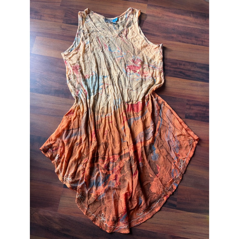Jessica Taylor Abstract Marble Print Beaded Handkerchief Hem Tunic Top OS‎